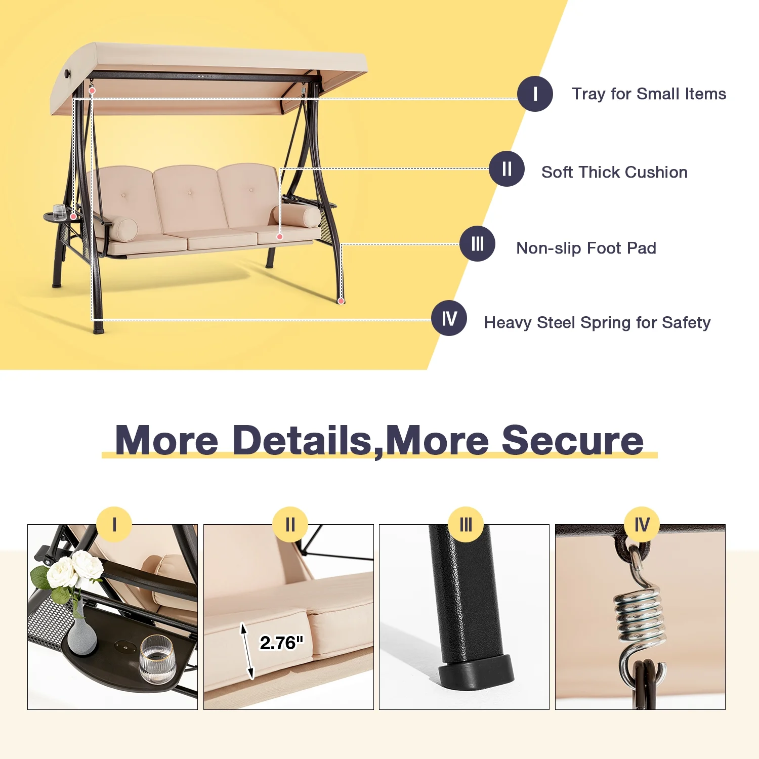 Homrest 3 Person Patio Outdoor Porch Swing with Adjustable Canopy, Backrest, Swing Bed with Stand for Garden,Deck - Image 28