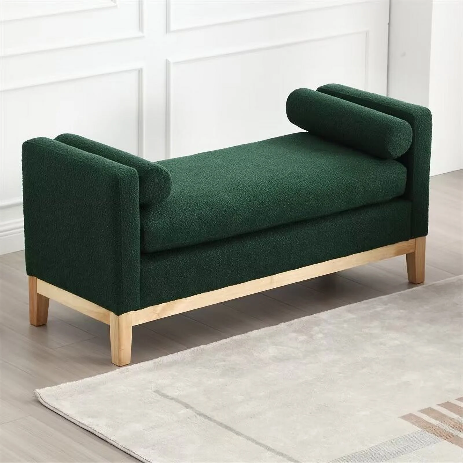 End of Bed Bench, 53.5" Boucle Fabric Upholstered Entryway Bench with Wood Legs & Bolster Pillows, Rolled Arm Cushioned Ottoman Foot Rest Long Stool Window Extra Seating for Bedroom, Ivory - Image 25