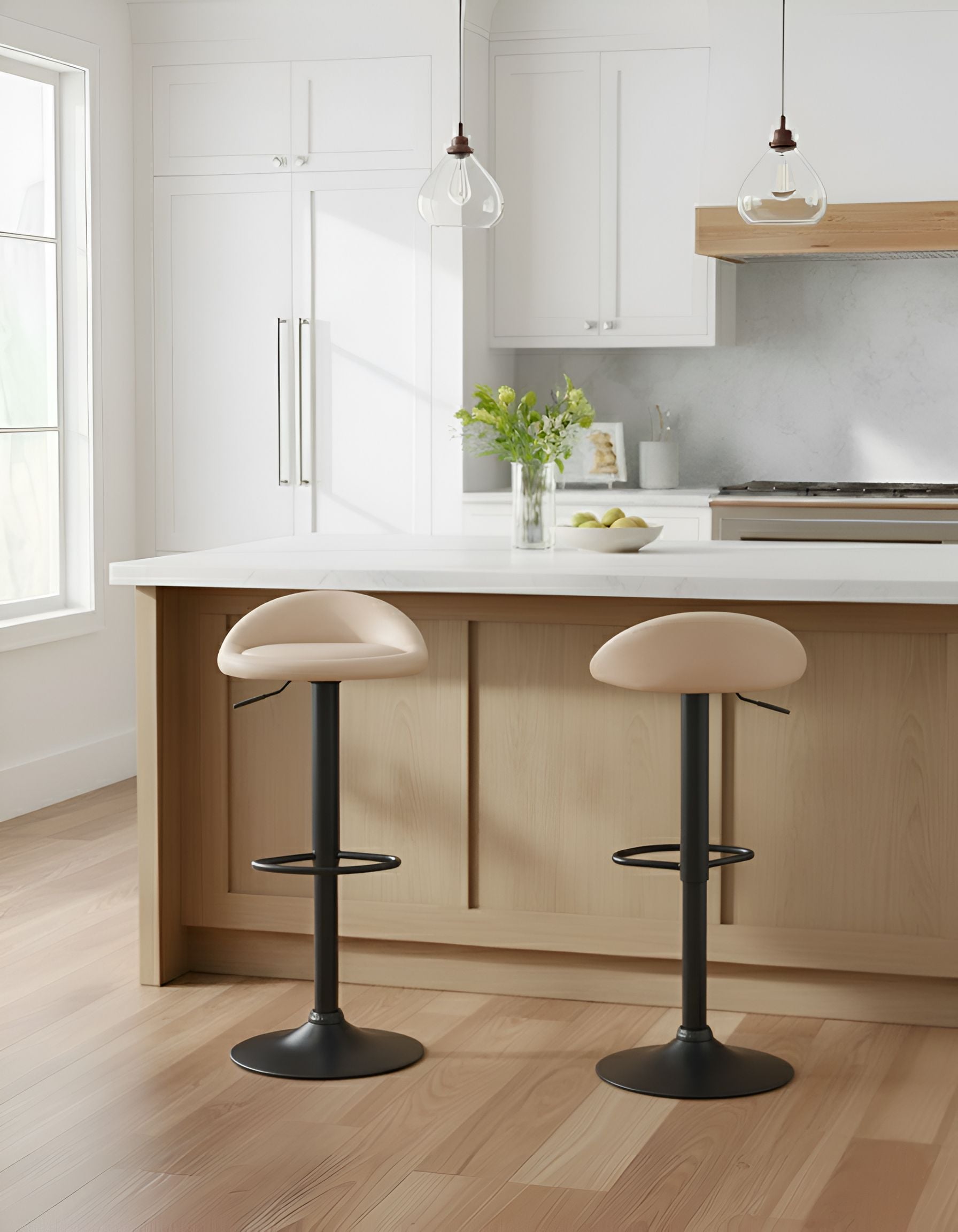 Set of 2 Bar Stools MEEDER Faux Leather Swivel Light Beige