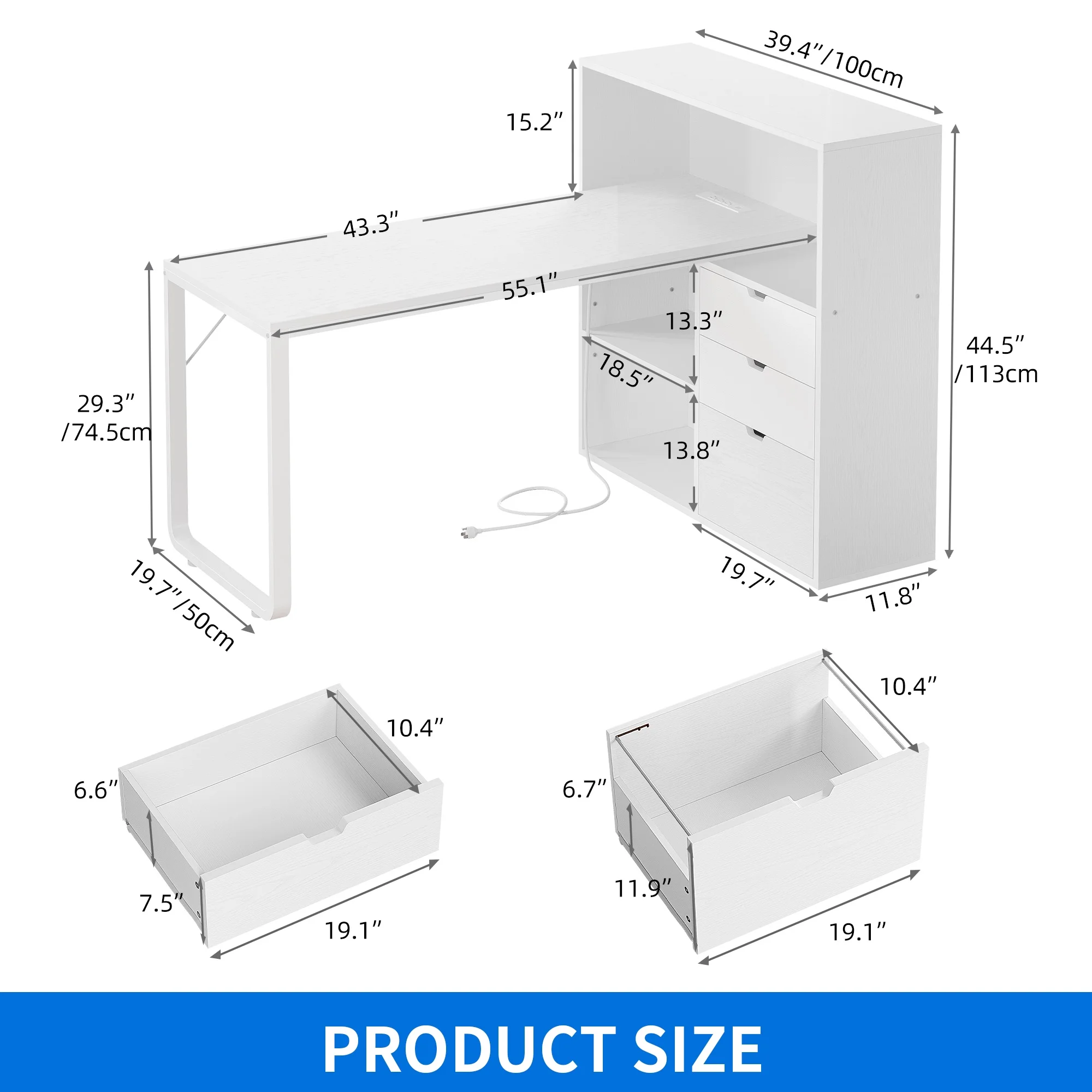 Dextrus L Shaped Desk with Power Outlets & LED Lights, Computer Desk with 3 Drawers and 3 Storage Shelves, White Office Desk Corner Desk for Home Office - Image 12