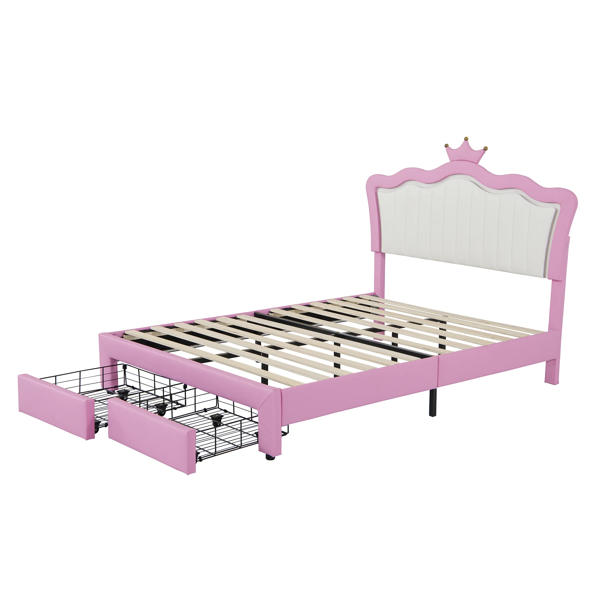 Miniyam Upholstered Twin Size Bed with LED Lights, Crown Headboard for Kids, Pink - Image 10