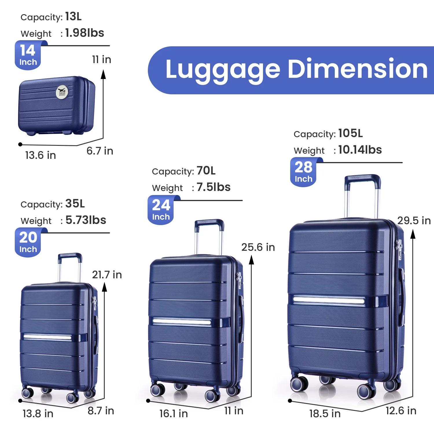 4 Piece Luggage Set, Expandable Lightweight Suitcase Set, PP Materials Travel Luggage with TSA Lock Spinner Wheels, White (14/20/24/28) - Image 37