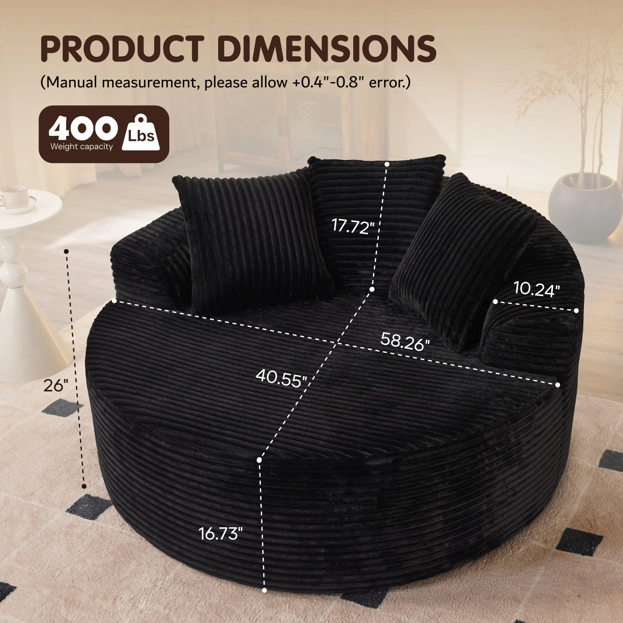 Ovios 58'' Oversized Chaise Lounge Indoor Chair Modern Cloud Floor Sofa Bed Comfy Upholstered Sleeper Couch Deep Seat Accent Reading Chair for Living Room, Bedroom, No Assembly, Black(Plush Corduroy) - Image 6
