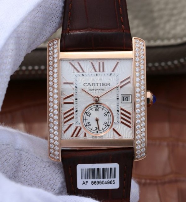 Replica Cartier Tank MC RG White Dial RG Mark Diamonds Bezel Leather Strap - Top club