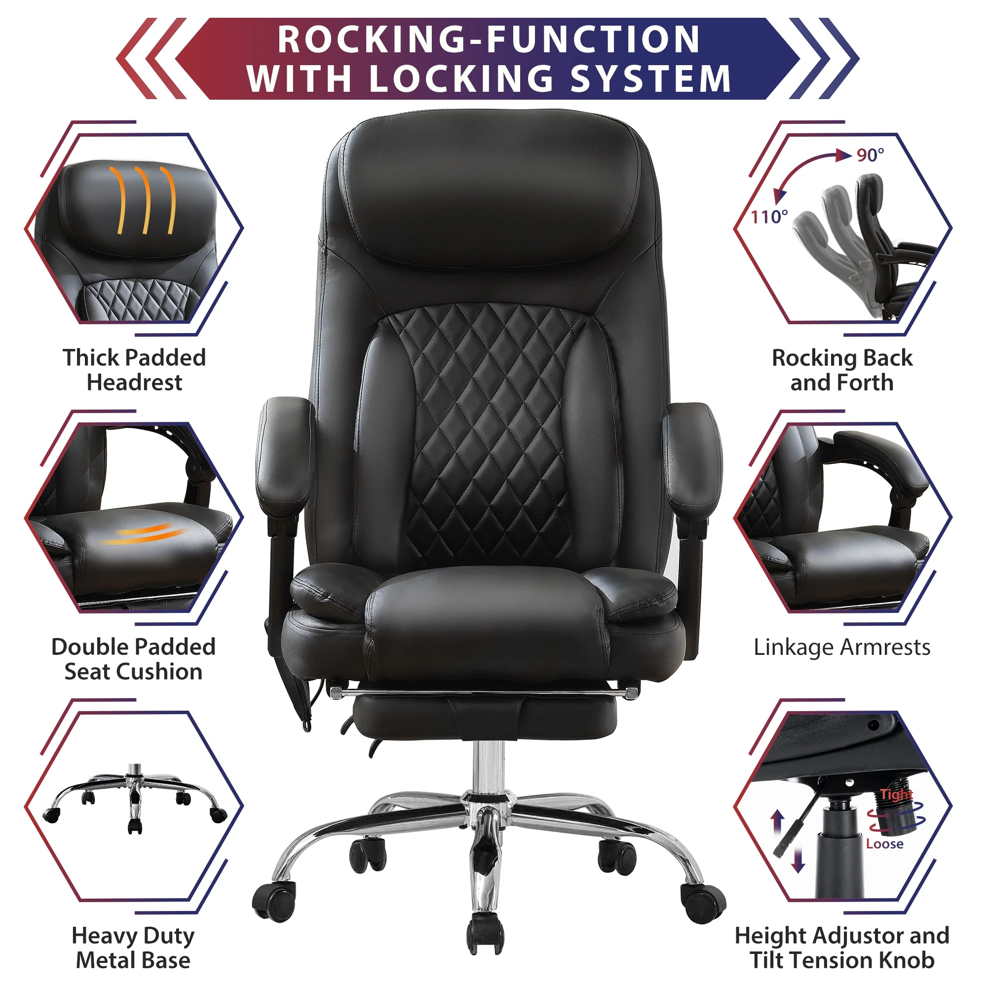 JONPONY Big and Tall Office Chair 500LBS Executive Office Chair Massage and Footrest Ergonomic Computer Desk Chair Reclining High Back Leather Office Chair Lumbar Back Support Swivel Rolling,Black - Image 14