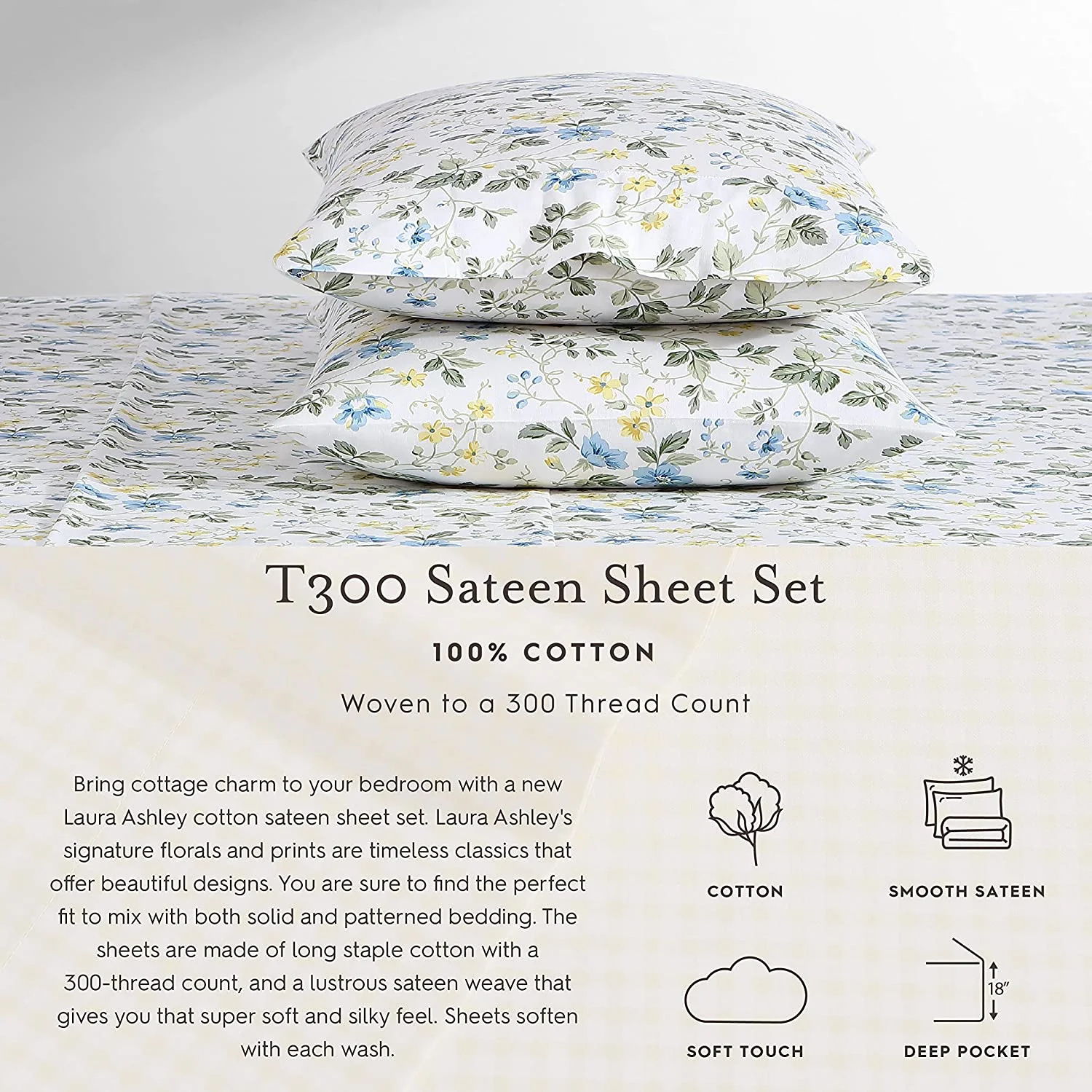 Laura Ashley Home - Full Sheets, Soft Sateen Cotton Bedding Set - Sleek, Smooth, & Breathable Home Decor,Blossoming Blue Blossoming Blue/White Full - Image 4
