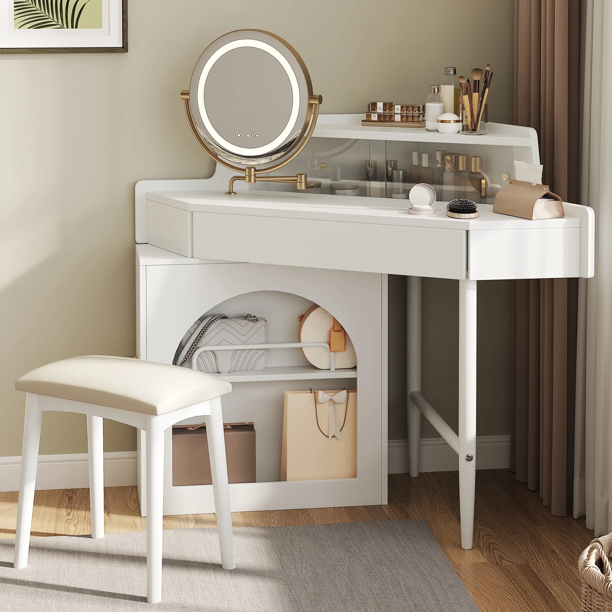 MODERNLUXE Corner Makeup Vanity Desk with Folding Mirror and Lights,Modern Vanity Set with 1 Stool,2 Drawers and 3 Shelves for Bedroom,Women, and Girls,Walnut - Image 11