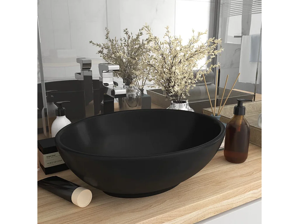 Vasque ovale luxueuse, 40x33 cm, céramique noire mate.