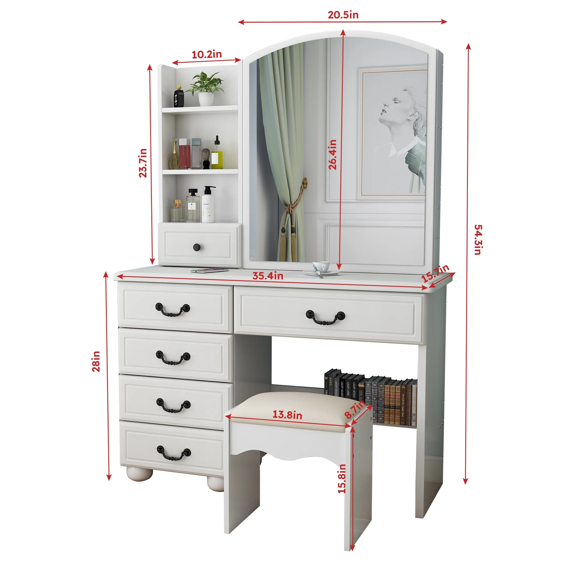 Montary Modern Mini Vanity w/Adjustable LED Mirror + Hidden Storage, Padded Stool & Dustproof Shelves (White) - Image 149