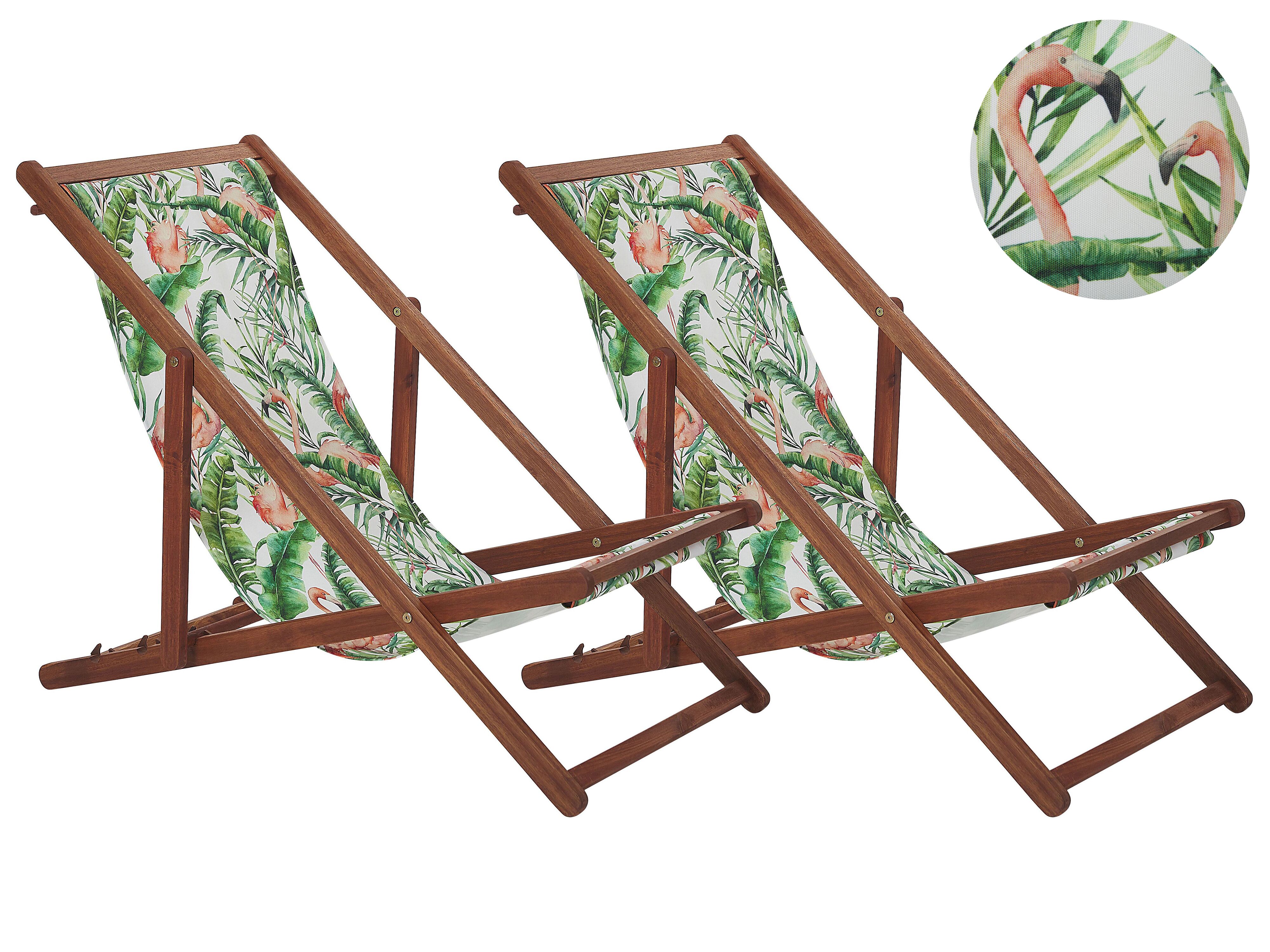 Set of 2 Folding Deck Chairs ANZIO with Replacement Fabrics Animal Motif Acacia Wood Dark Brown