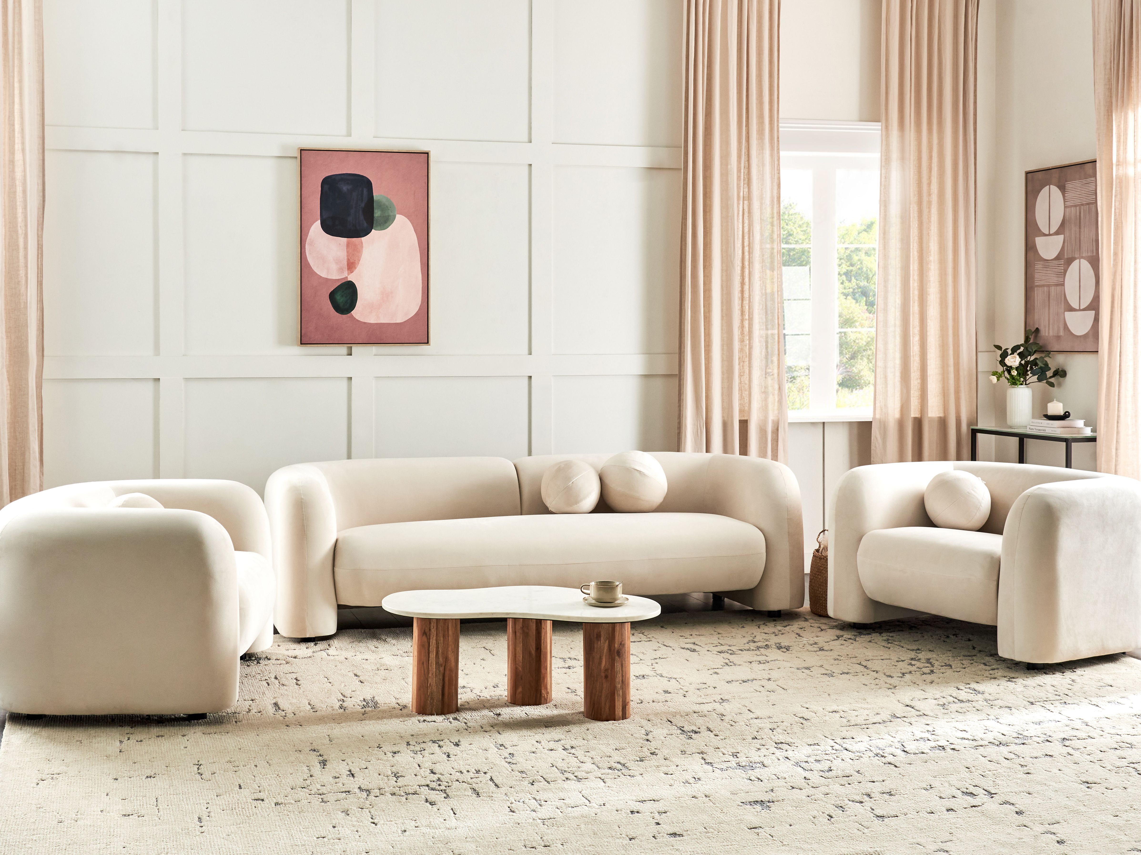 Living Room Set 5 Seater LEIREN Velvet Off-White