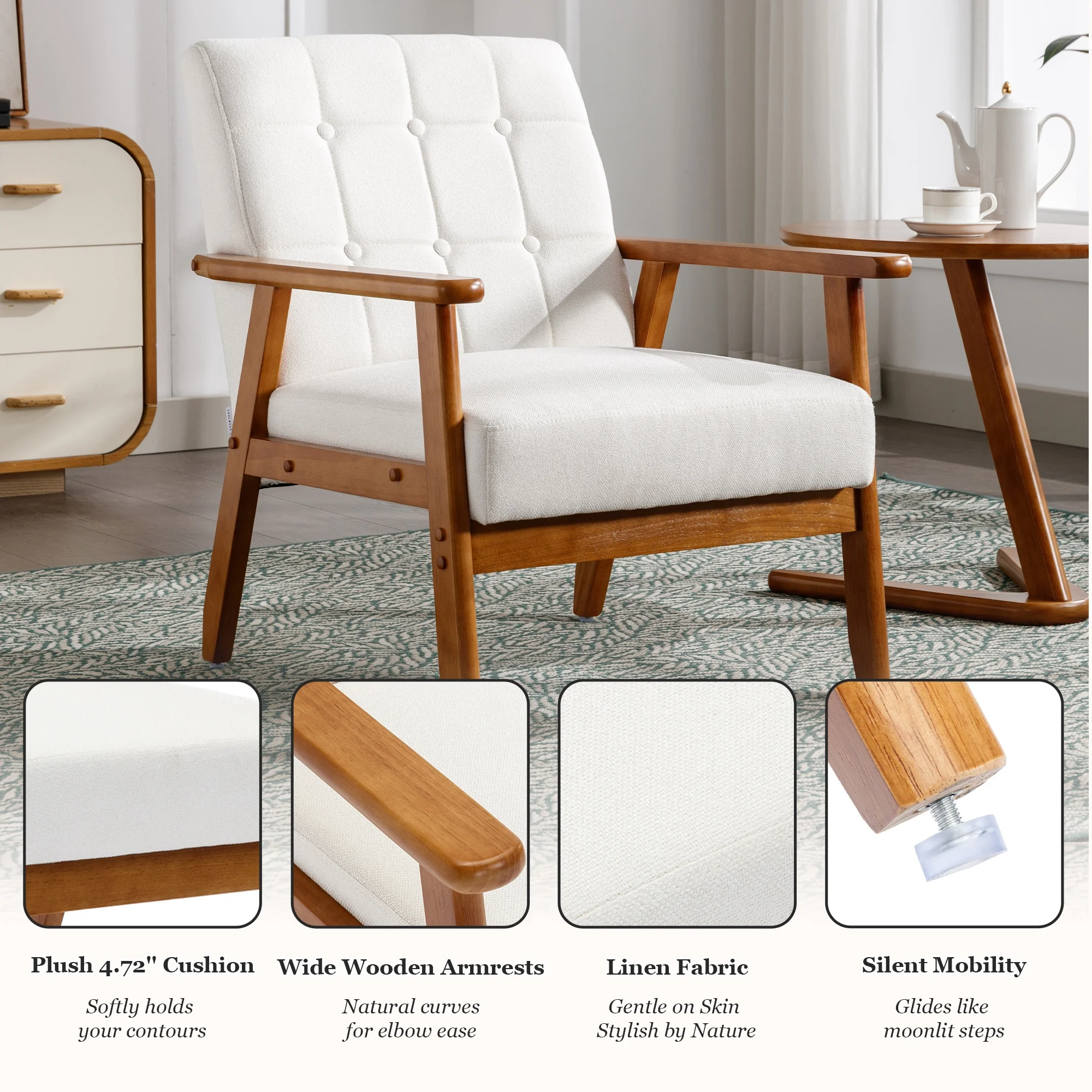 MOONMISS Linen Upholstered Tufted Mid-Century Modern Wood Frame Accent Chair for Living Room-Beige