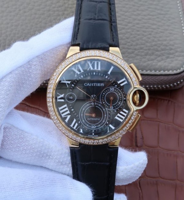 Replica Cartier Ballon Bleu De Cartier Chrono YG Black Dial Diamonds Bezel A8101 - Top club