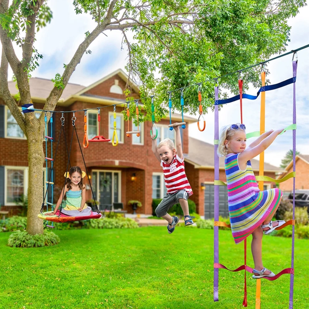 KloKick 50ft Ninja Warrior Obstacle Course with Slackline Monkey Bars and Saucer Swing - Image 15