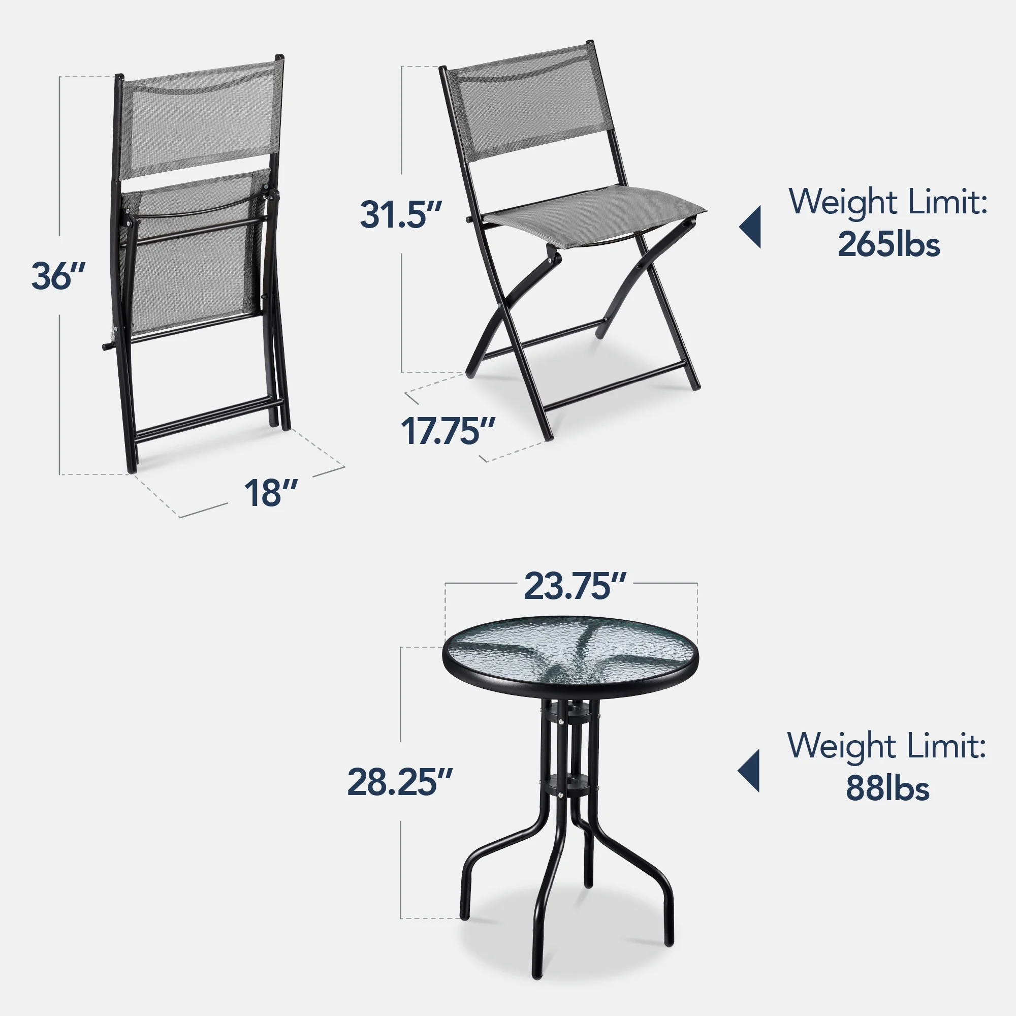 Best Choice Products 3-Piece Patio Bistro Dining Furniture Set w/ Glass Tabletop, Folding Chairs - Gray