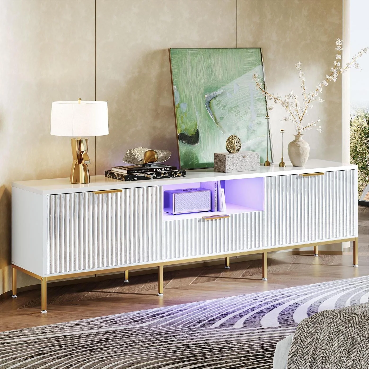 Bestier 55" LED TV Stand for TVs up to 60" Modern High Gloss Entertainment Center with Drawers Cabinets Fluted TV Console, White & Gold - Image 23