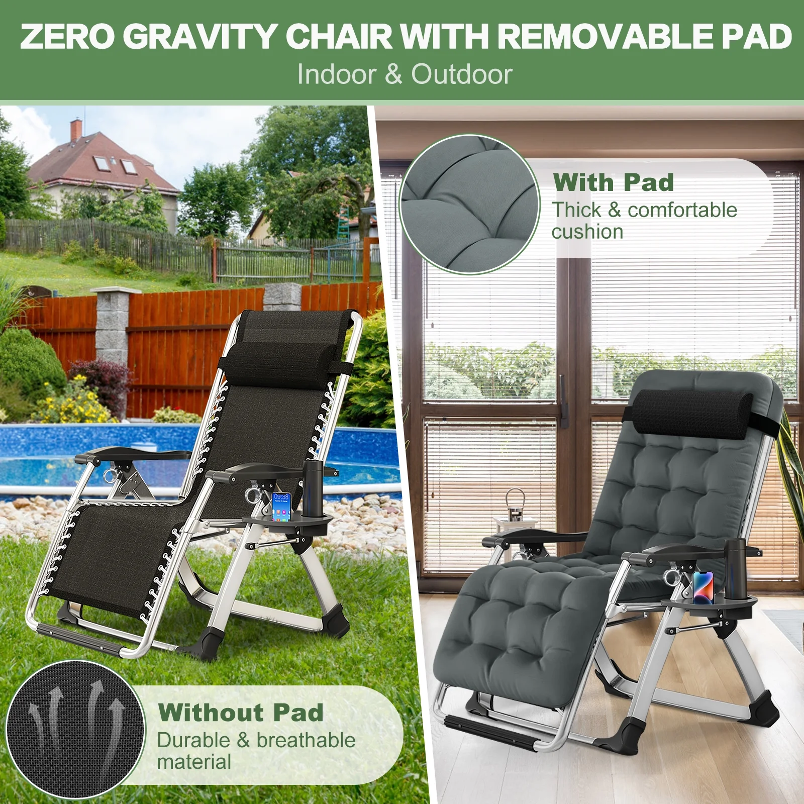 NAIZEA 2 Pack Zero Gravity Chair, Foldable Portable Lawn Recliner with Cushion, Headrest, Cup Holder, Black - Image 41