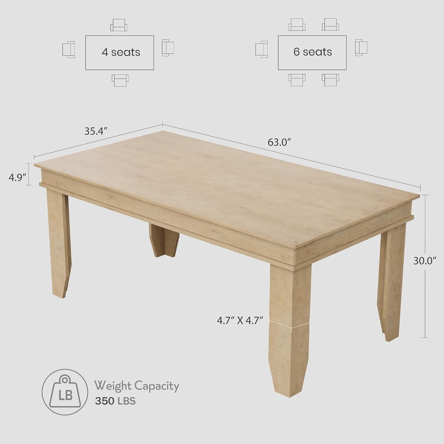 GarveeHome Farmhouse Dining Table for 4-6 People, 63 in Long Kitchen Tables with Wooden Sturdy Frame, 5 ft Large Rectangular Dinner Table for Dining Room, Kitchen, Natural, 63