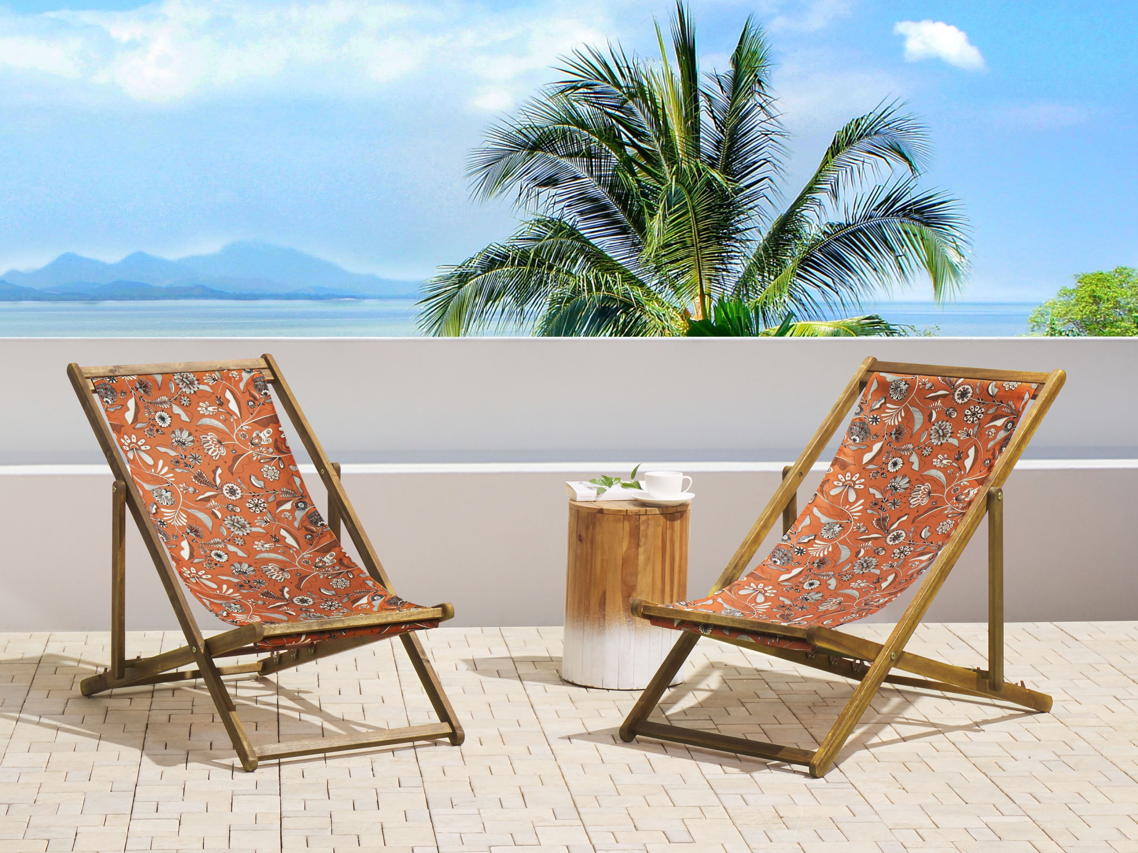 Set of 2 Folding Deck Chairs ANZIO with Replacement Fabrics Floral Motif Acacia Wood Light Brown