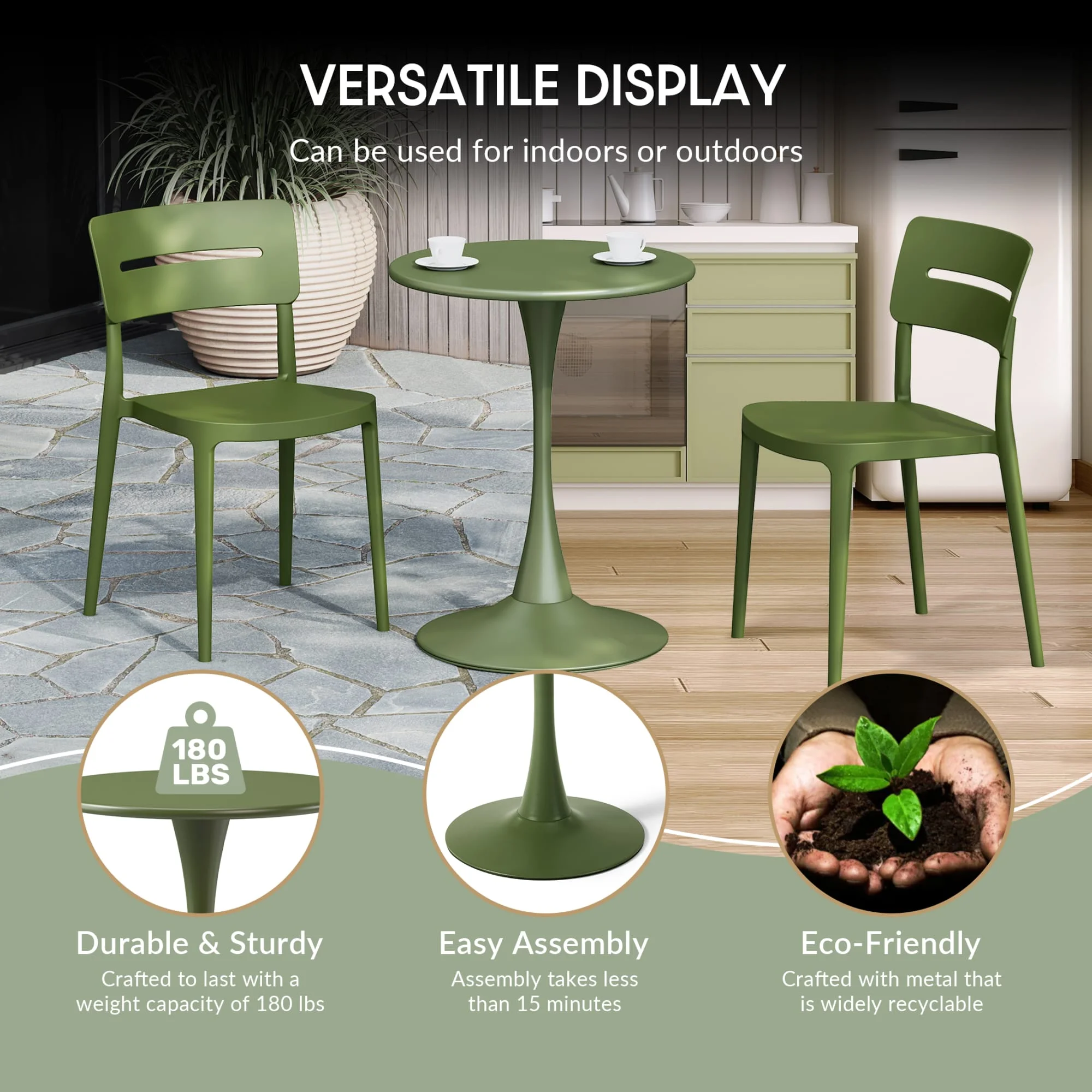 WestinTrends Playa 3-Piece Outdoor Round Metal Dining Table Set And Stackable Resin Patio Dining Side Chairs, Olive Green - Image 13