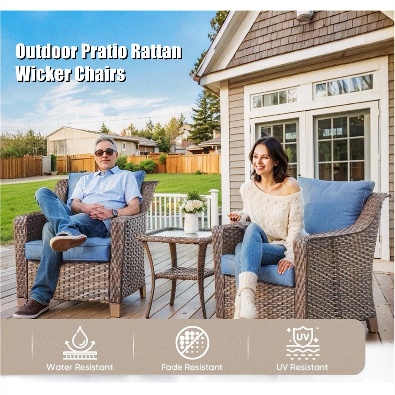 Bellefurn Outdoor Wicker Patio Chairs Set of 2 with Side Table,All-Weather Wicker Rattan Chairs Patio Furniture Chairs for Porch Balcony Backyard Yard Deck - Image 2