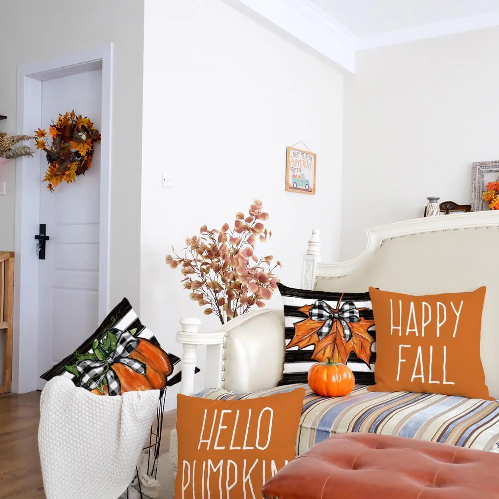 LONGRV Fall Decorative Throw Pillow Covers 18 x 18 Inch Set of 4, Pumpkins Thankful Blessed Buffalo Plaid Fall Decor Outdoor Farmhouse Pillow Cases for Home Couch (Orange Color)