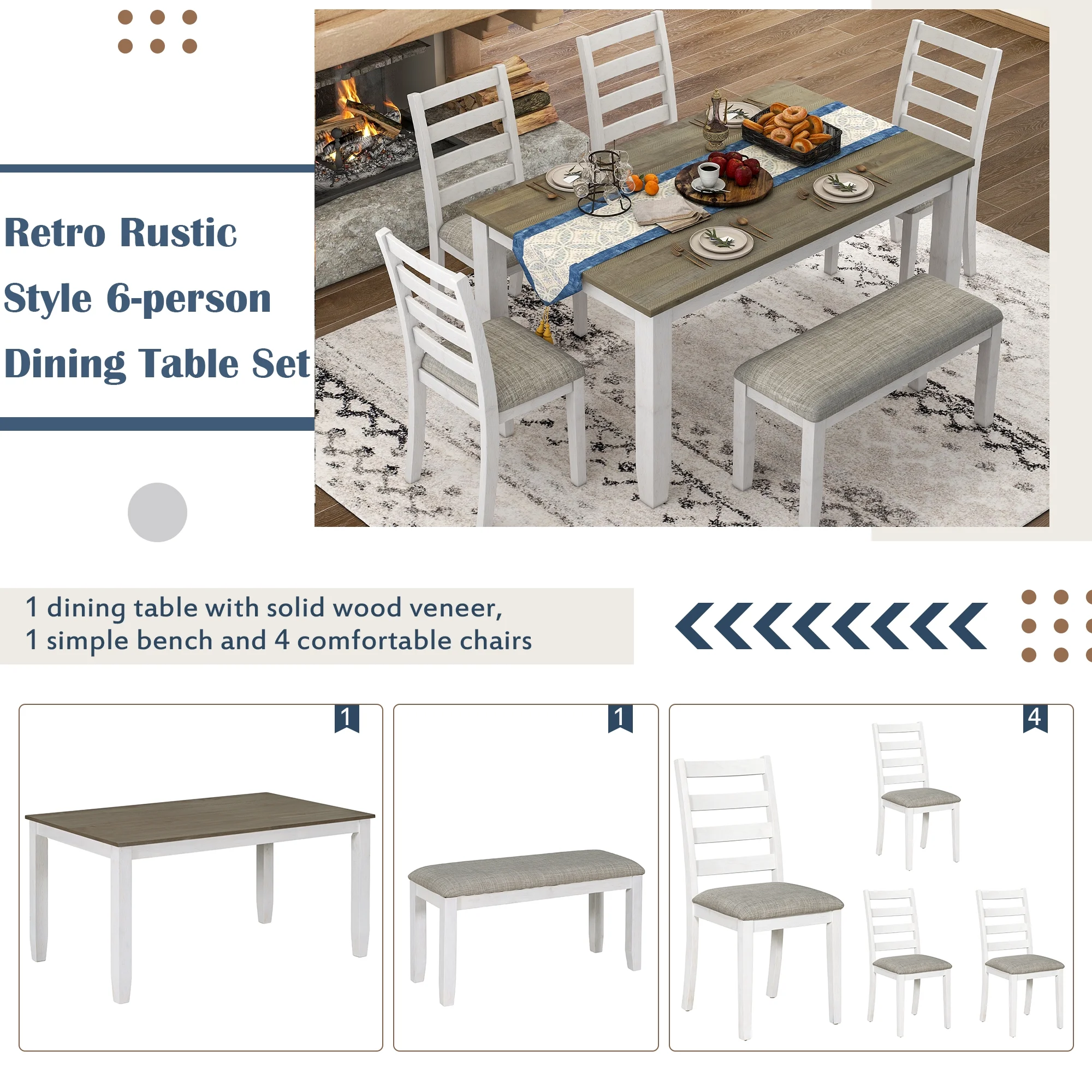 Rustic Dining table Set for 6, Wooden Rectangular Kitchen Dining Table with 4 Upholstered Dining Chairs and 1 Padded Bench, Dining Set with 4 Chairs, Dining Set for 6, Brown+Whitewash