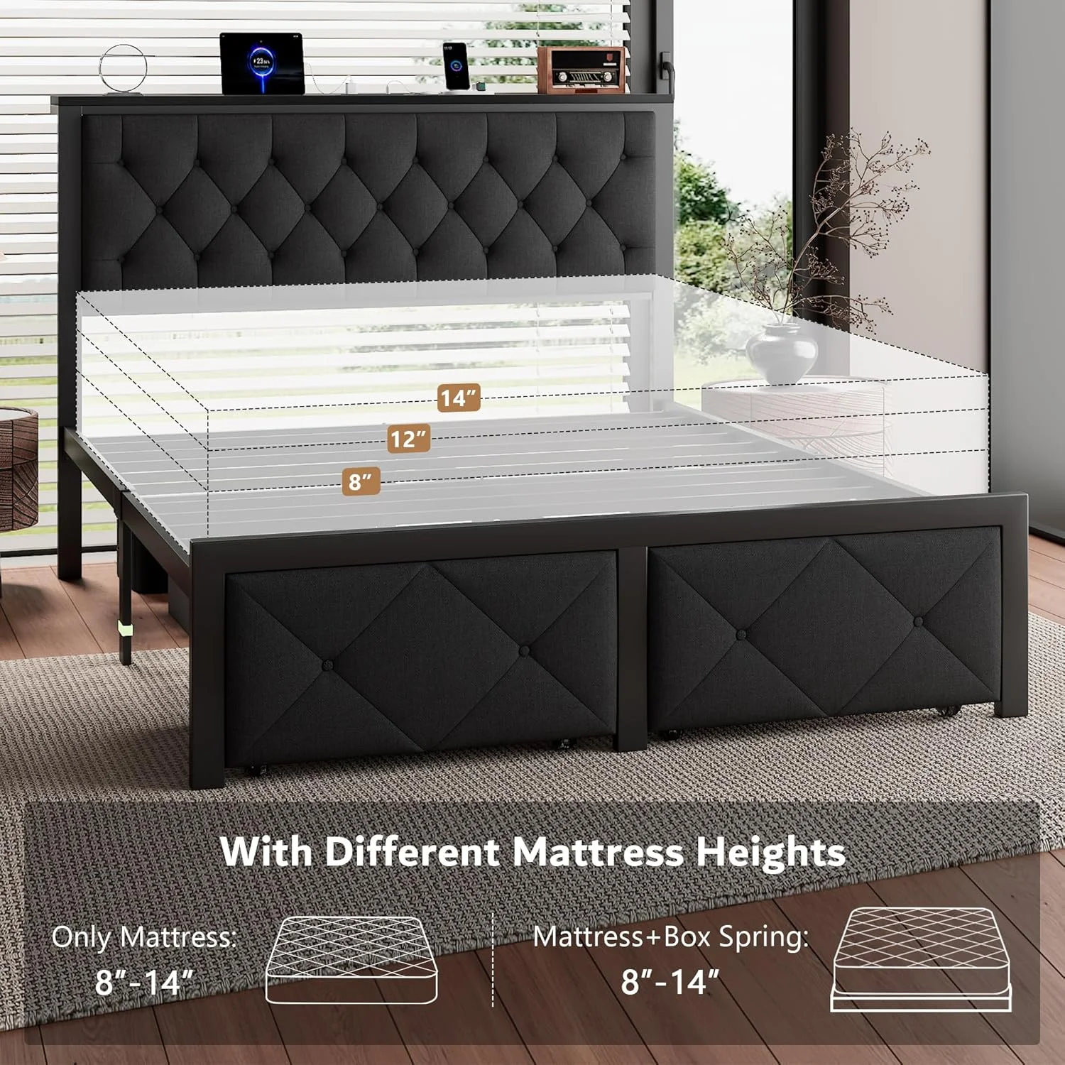 iPormis Full Bed Frame with 2 Drawers, Metal Platform Bed with Charging Station and Linen Fabric Storage Headboard Strong Metal Slats Black,Gray - Image 15