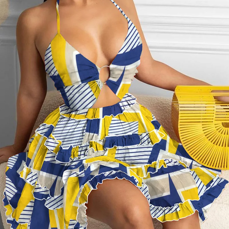 Summer New Printed Halter Neck Mini Dresses For Women Sexy Deep V-neck Hollow Out Backless Leace-up Dress Beach Vestido Feminino - AZJHJ