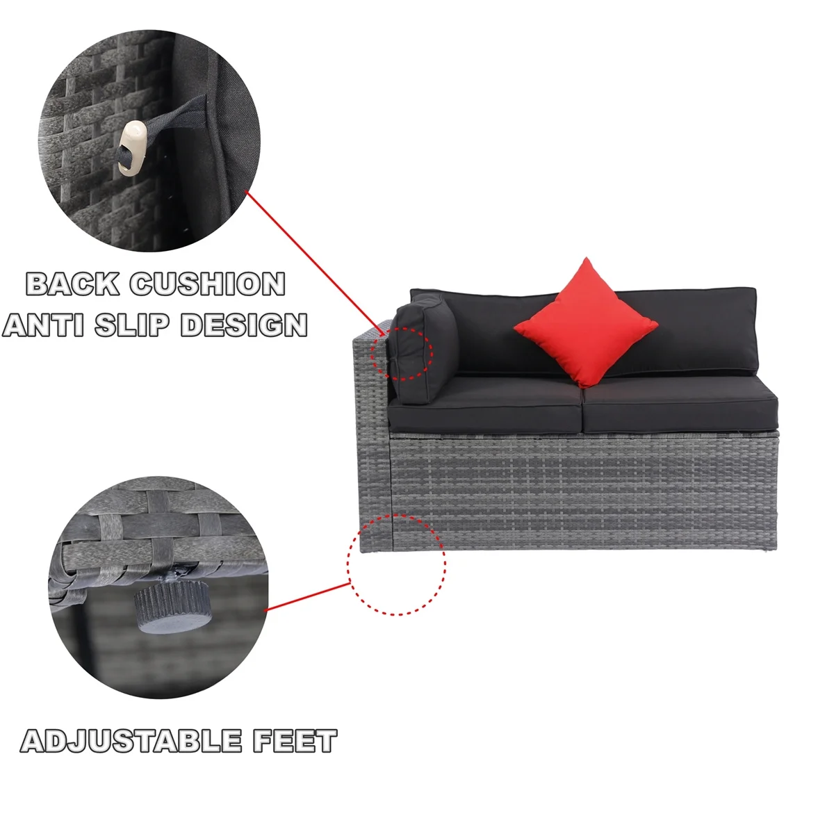 7 Piece Patio Furniture Sets Outdoor Sectional PE Rattan Outdoor Furniture Patio Conversation Set with Cushions and Glass Coffee Table, for Balcony Lawn and Garden, Gray - Image 8