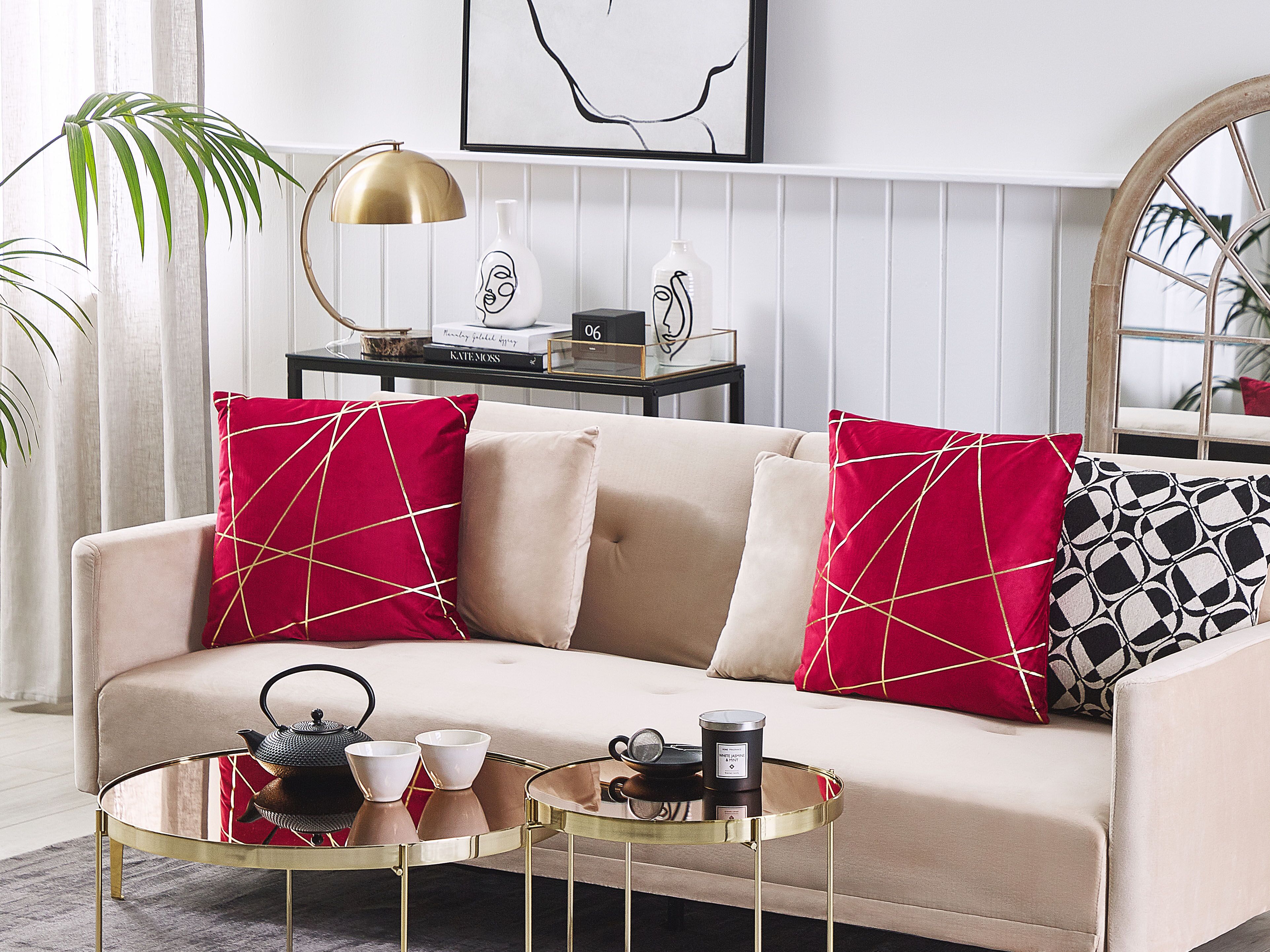 Set of 2 Decorative Cushions PINUS Velvet 45 x 45 cm Red Geometric Pattern