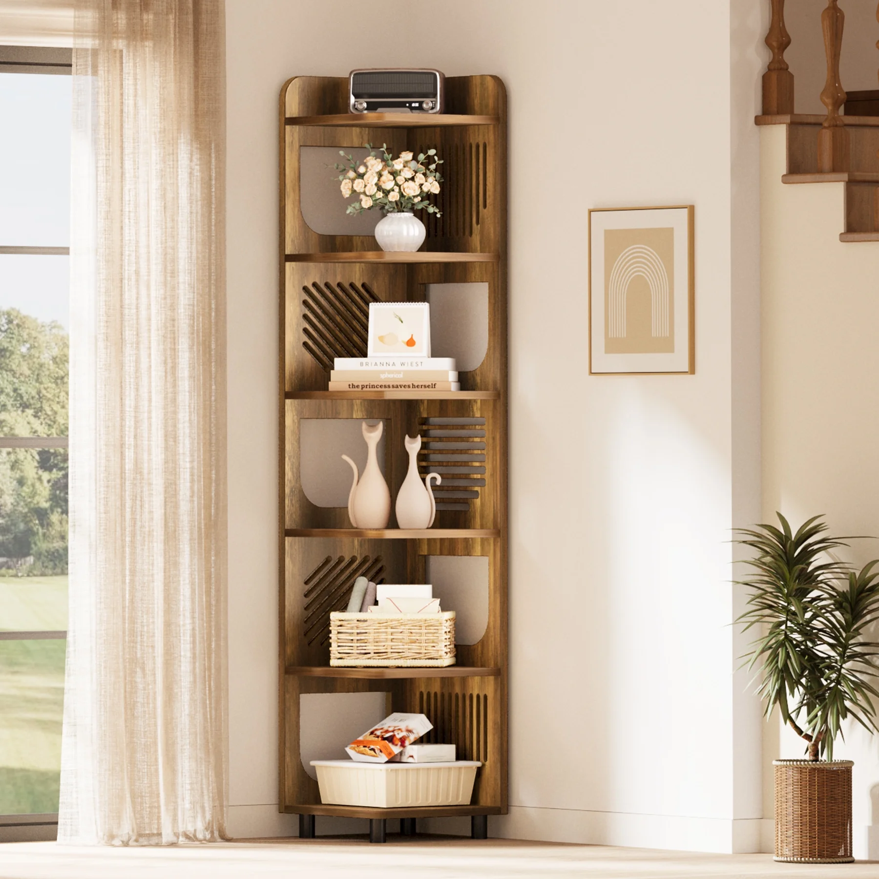 Fnova 71" 6-Tier Tall Corner Bookshelf, Rustic Wooden Narrow Corner Bookcase with Artistic Square Rack, Freestanding Display Storage Shelf for Space-Saving Home Organizing - Image 26