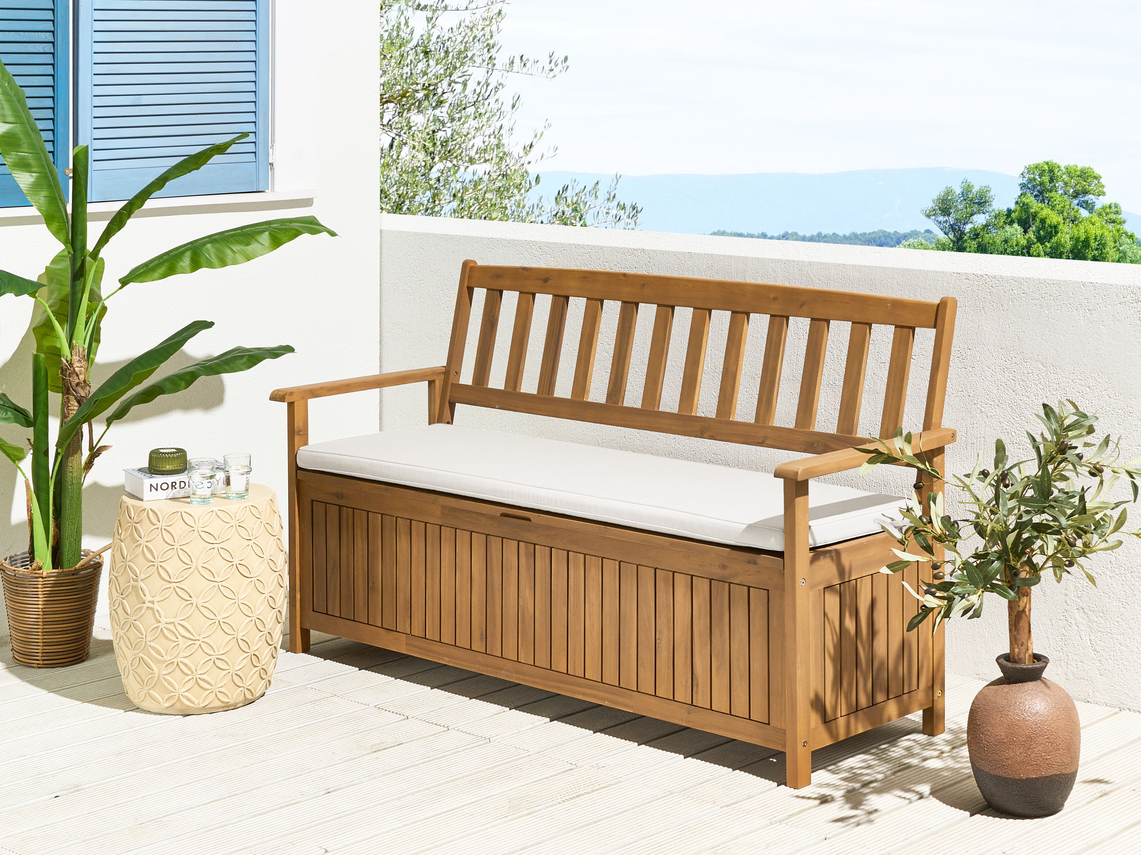 Garden Bench with Cushion SOVANA 160 cm Acacia Wood Off-White