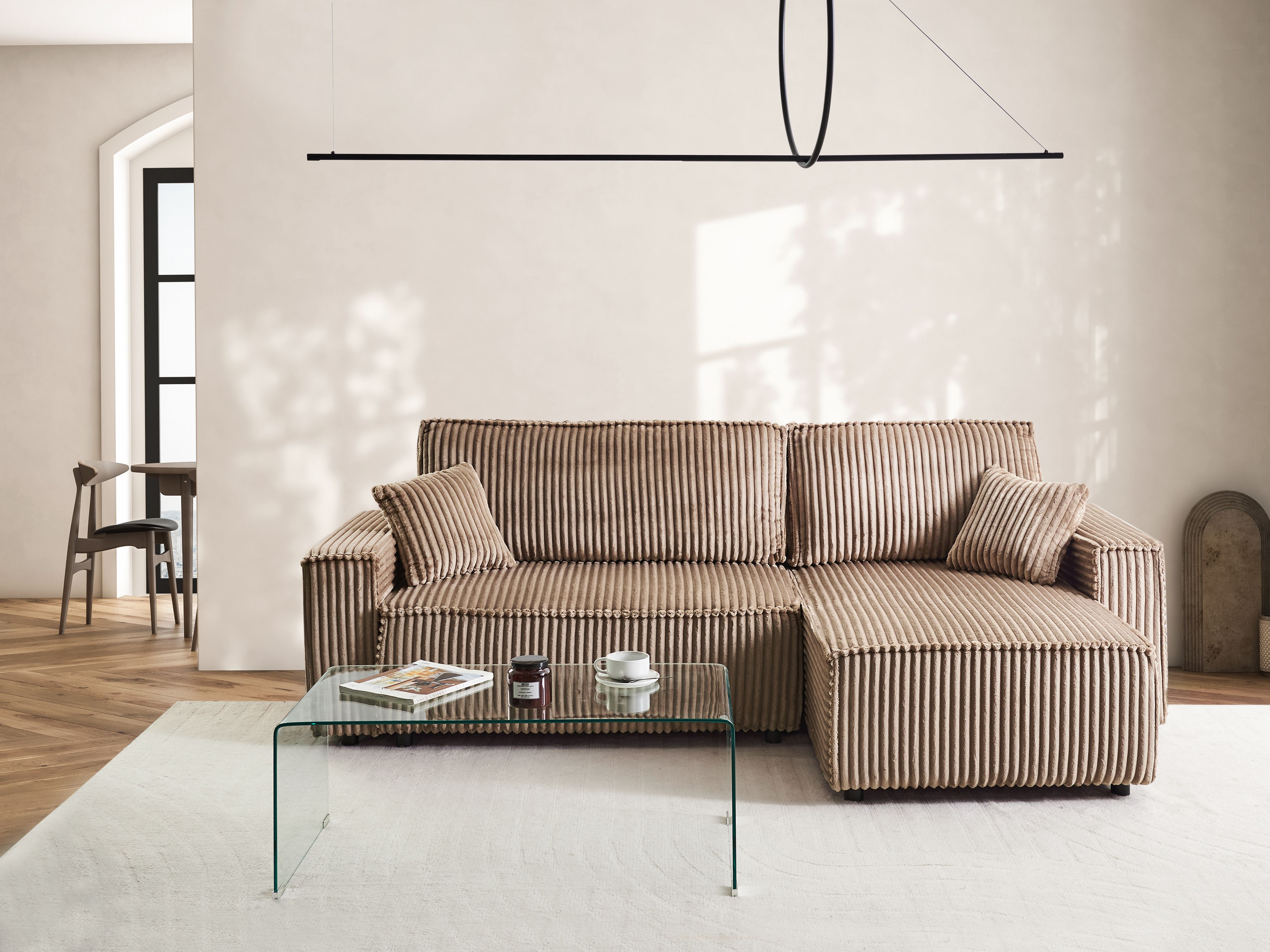 Corner Sofa Bed 3 Seater ABACKA Corduroy Light Brown with Storage Left Hand
