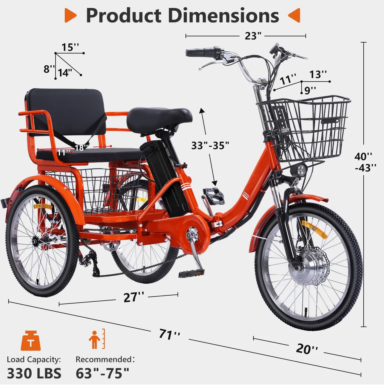 NOMIGO Electric Tricycle for Adults Folding Electric Trike 3 Wheel Electric Trike with Two-seater Large Basket Super Powerful Brushless 350W Motor 48V13AH Lithium Battery Max 20MPH E-Tricycle Orange - Image 2