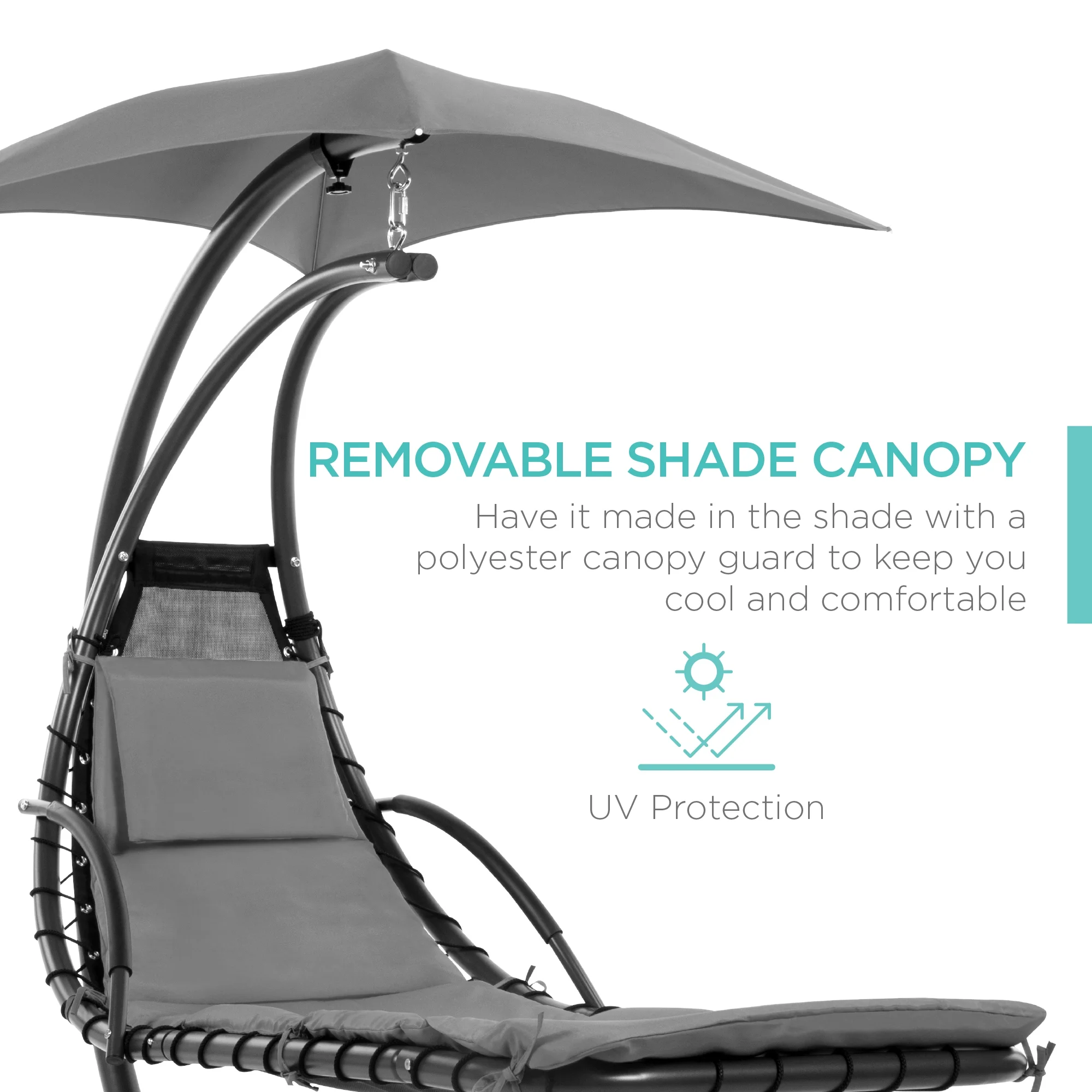 Best Choice Products Hanging Curved Chaise Lounge Chair Swing for Backyard, Patio w/ Pillow, Shade, Stand - Teal - Image 50