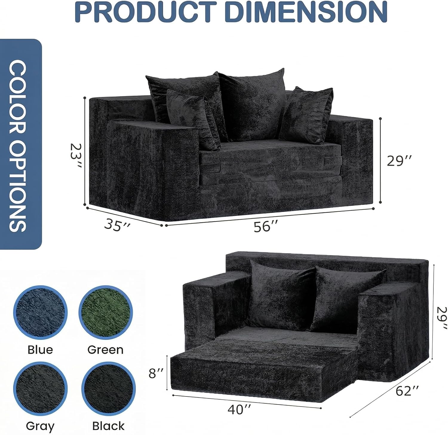 Boneless Loveseat Sleeper Sofa Bed, 3-in-1 Convertible Sofa Bed and Floor Futon Couch (Velvet-Black, Loveseat (55