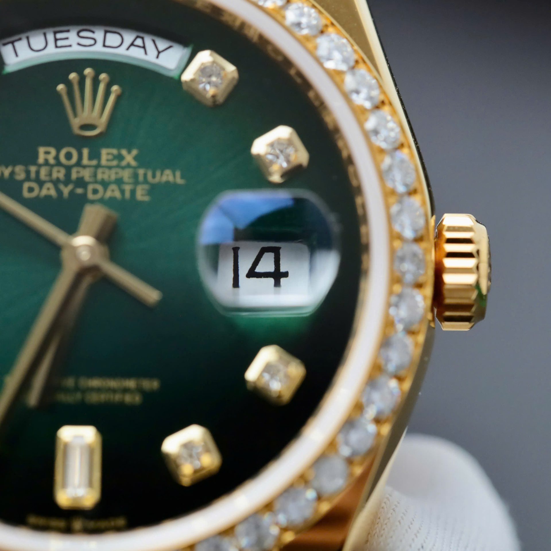 Rolex Day-Date Dial Green Ombre Copies Watch Gold Wrapped + Diamonds Moissanite Custom 36mm - Elite Watch Atelier