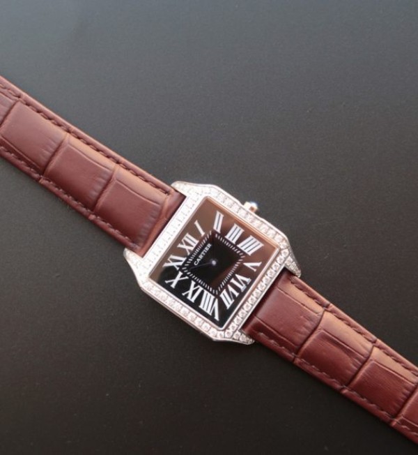 Replica Cartier Santos WH100651 Diamond SS Black Dial Leather Strap A9015 - Top club