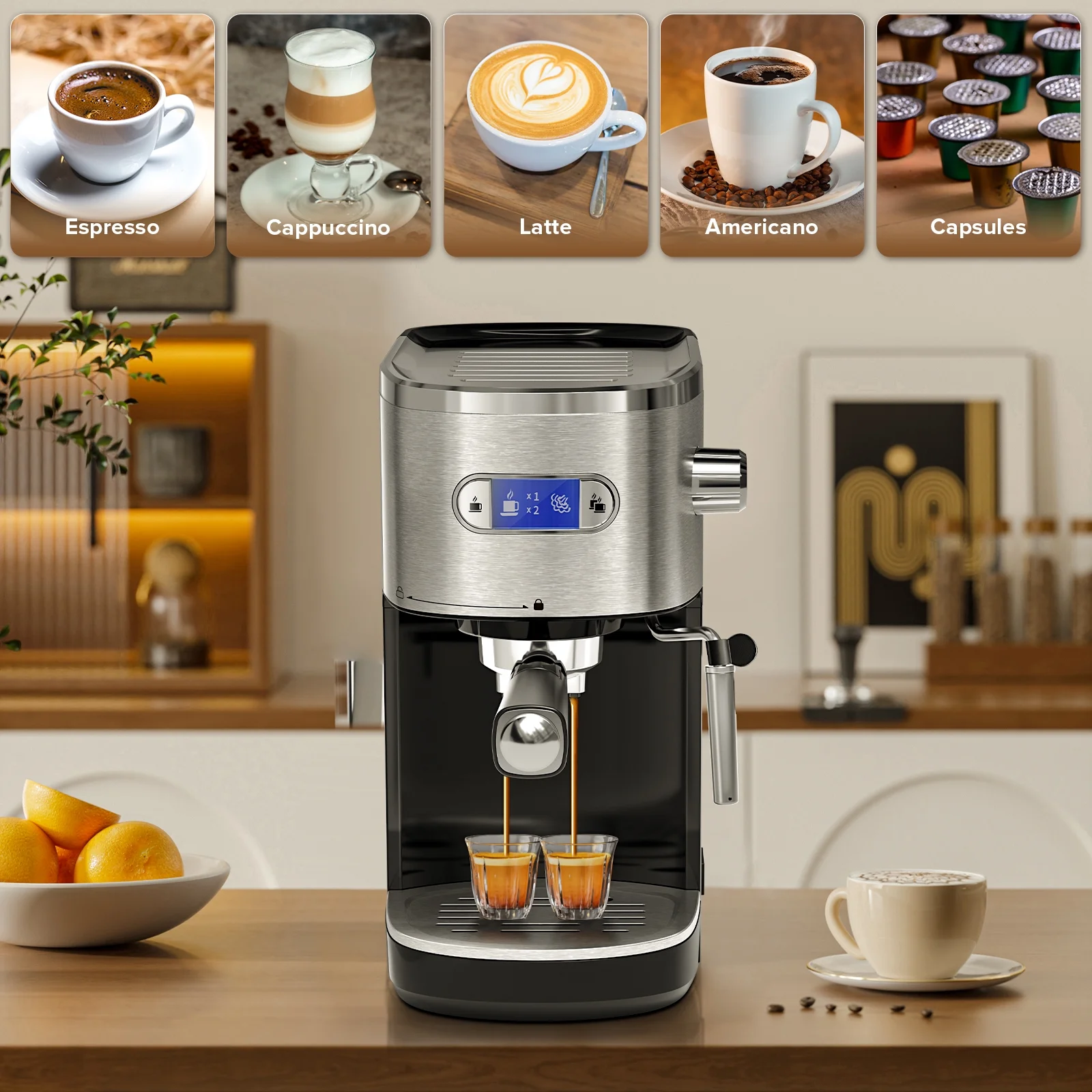 Electactic NEW Coffee Maker 2.0, with 20BAR Extraction, LED Display, 1.2L Water Tank, PCB Electronic Temperature Control, Steam Milk Frother, for Home, Office, Coffee Shop - Black