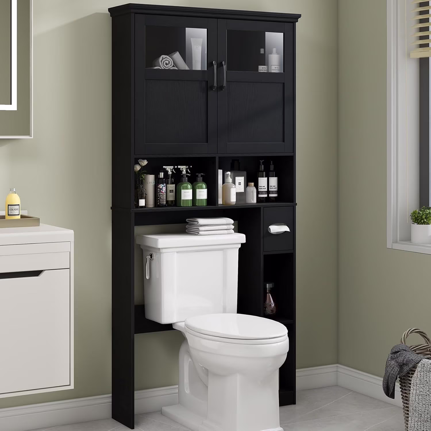 Over The Toilet Storage Cabinet, Storage Cabinet Over Toilet with Double Doors & Toilet Paper Holder Stand, Freestanding Toilet Shelf Space Saver with Anti-Tip Design & Adjustable Shelf, Black