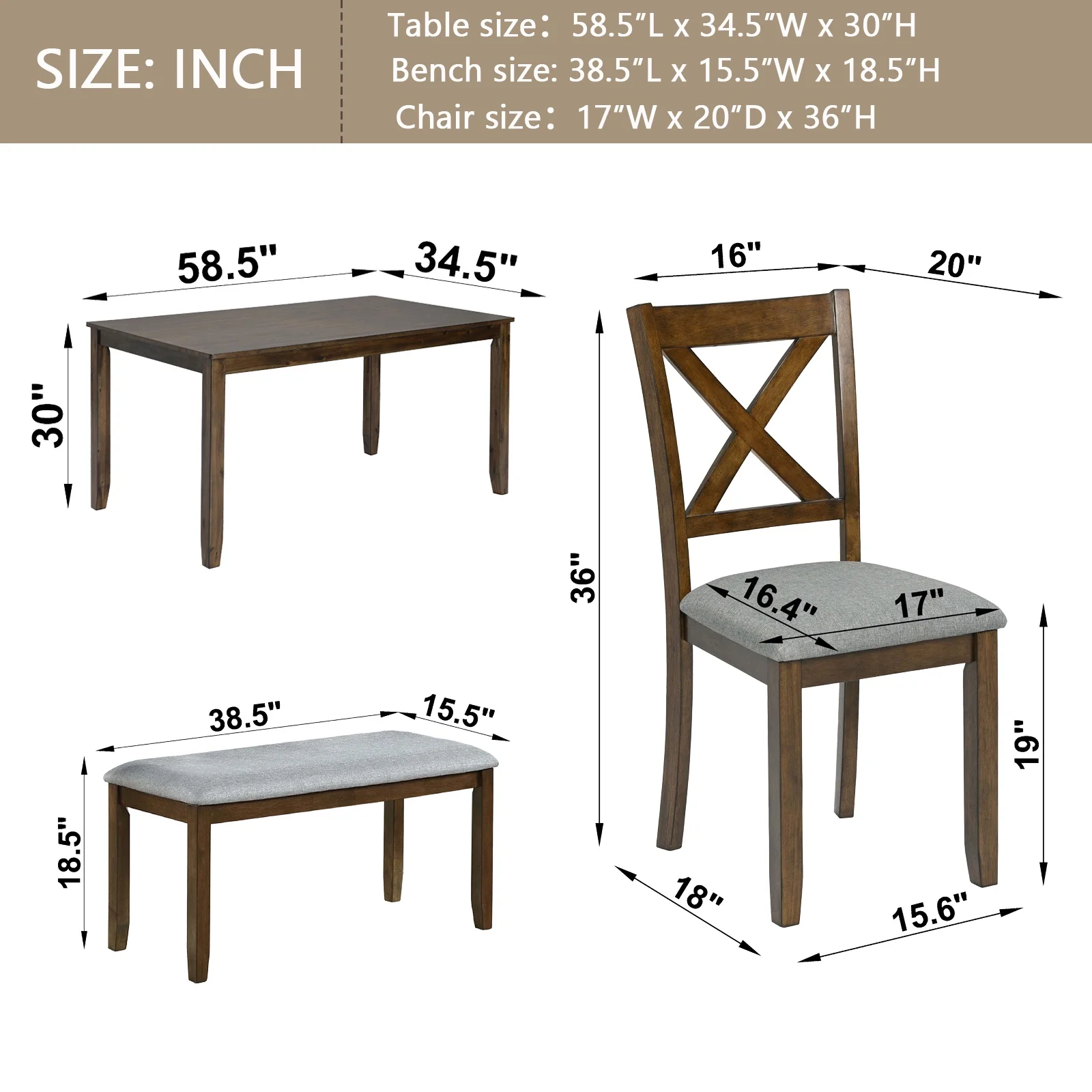 Dining Room Set, LEGAHOME 6 Piece Dining Sets with Bench and Chairs, Solid Wood Kitchen Dining Table Set for 6 with Upholstered Chairs, Gray - Image 18