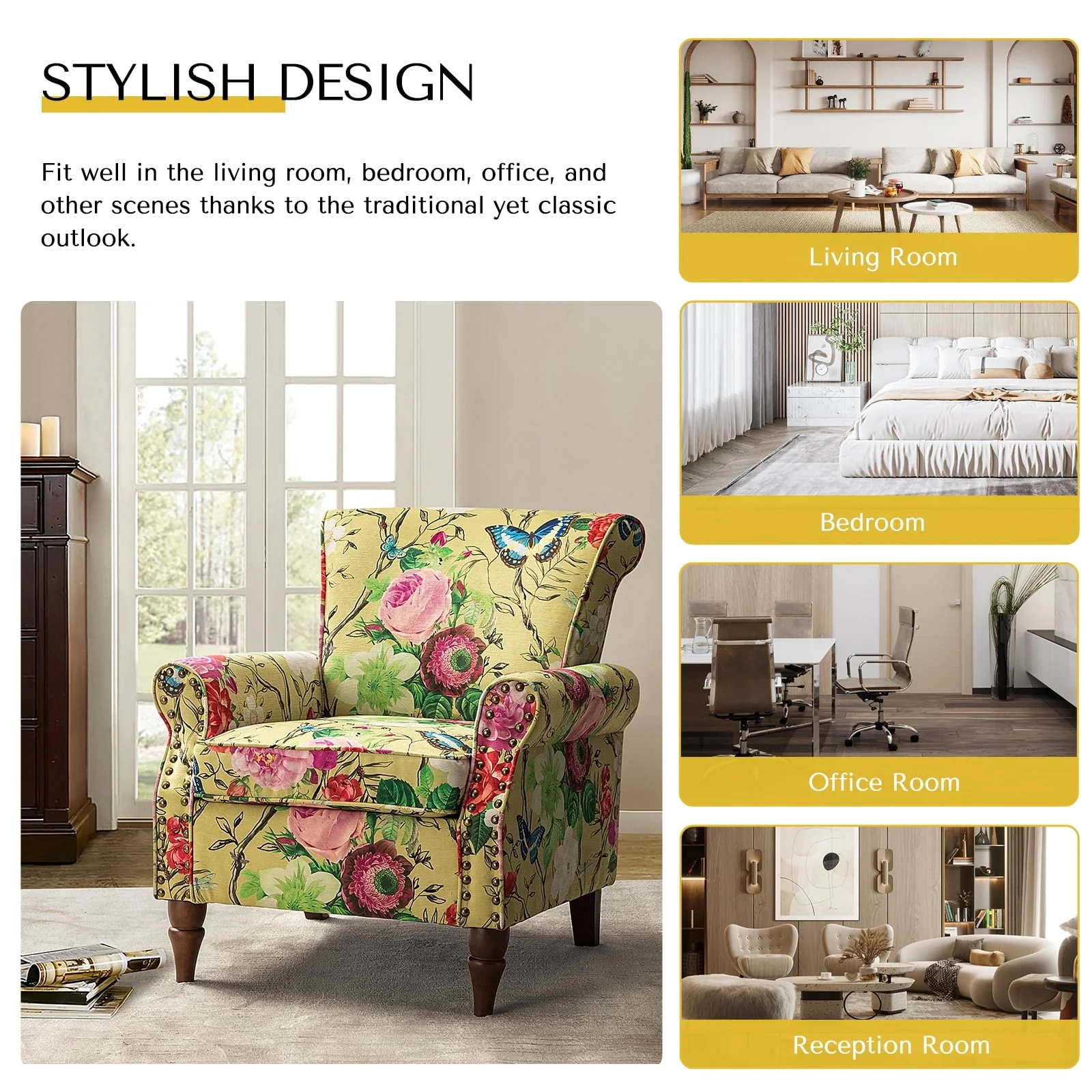 14 Karat Home Wingback Accent Chair Removable Cushion Floral Upholstered Sofa Armchair Couch Wood Legs Nailhead Trim Mustard - Image 11