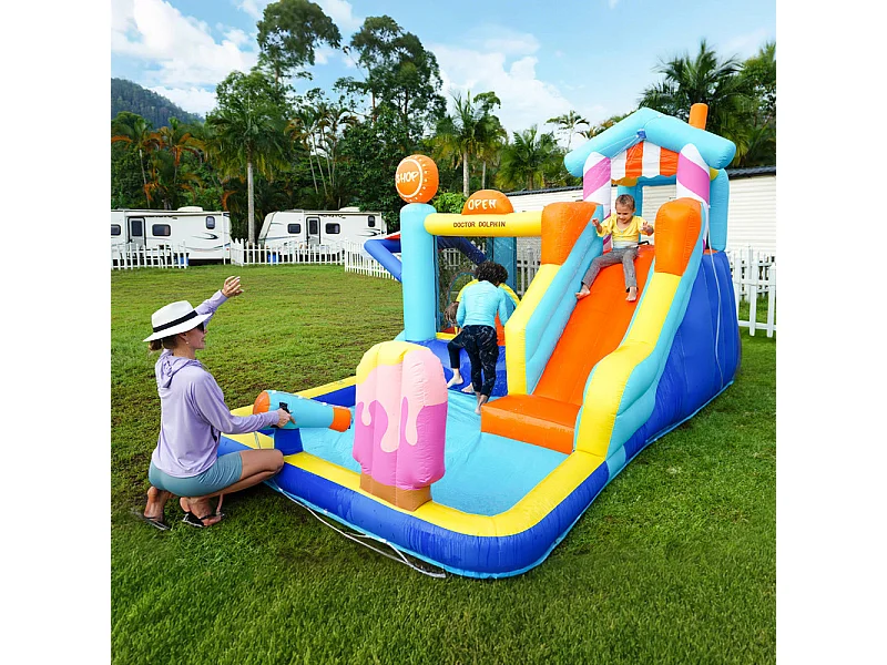 Château gonflable avec auvent, toboggan, trampoline, pistolets à eau - parc aquatique avec souffleur - 395x340x236cm