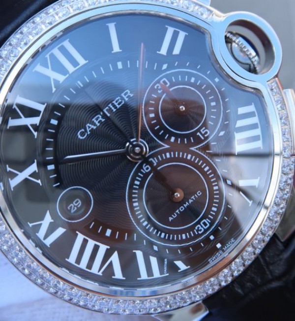 Replica Cartier Ballon Bleu De Cartier Chrono SS Black Dial Diamonds Bezel A8101 - Top club
