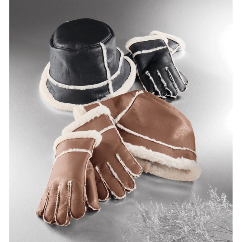 Faux Shearling Women's Hat and Glove Set with Faux Fur Trim - MIDNIGHT VELVET CATALOG