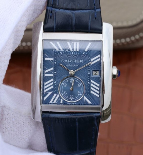 Replica Cartier Tank MC SS Blue Textured Dial Blue Leather Strap - Top club