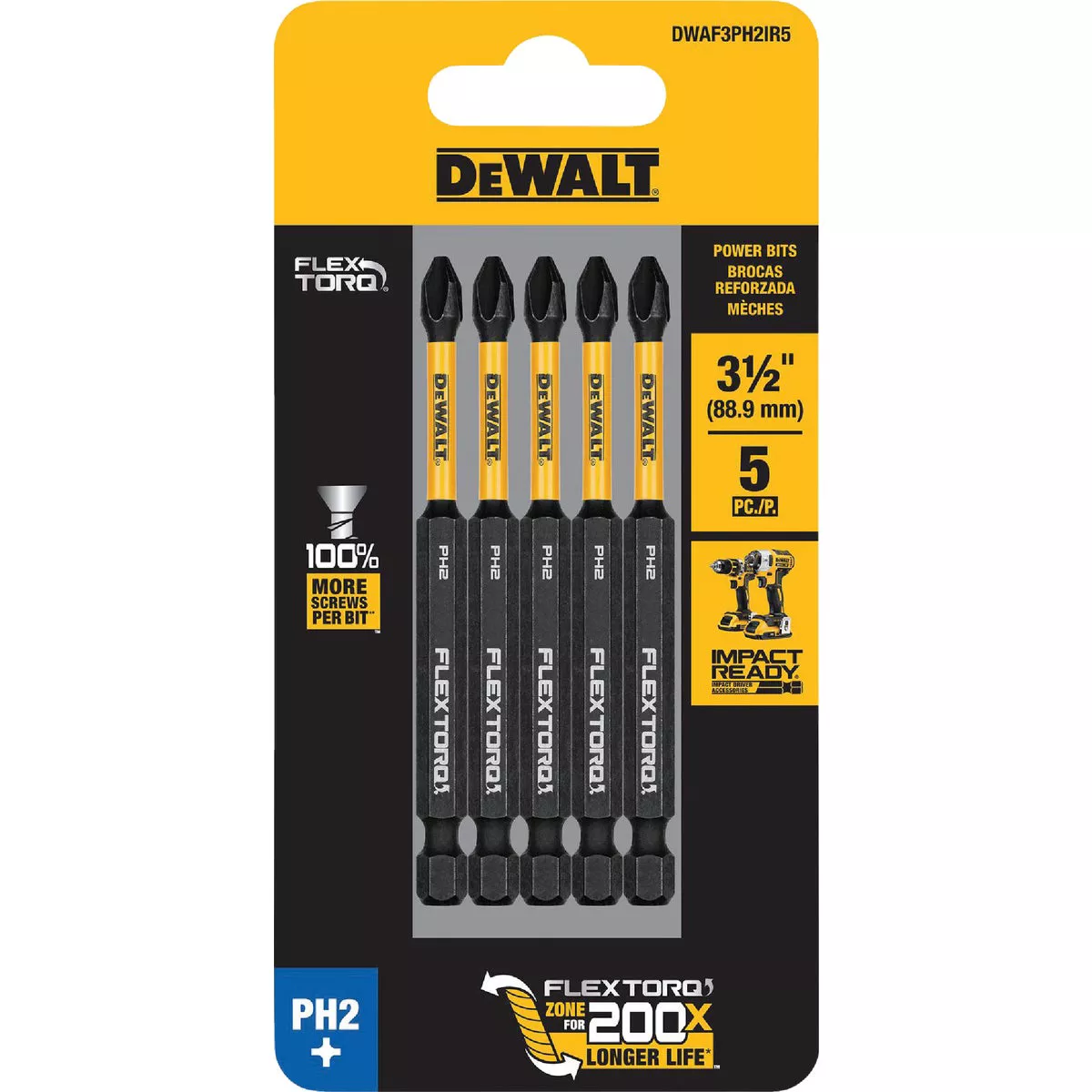 DEWALT FlexTorq 3-1/2 In. #2 Phillips Power Impact Screwdriving Bit (5-Pack)