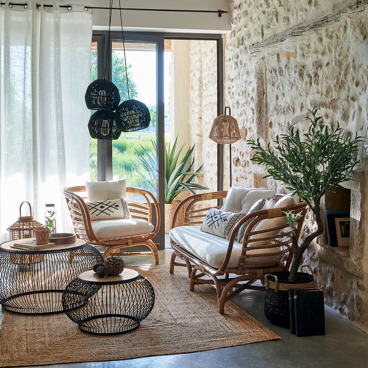 Armchair "Farah" Rattan, white fabric