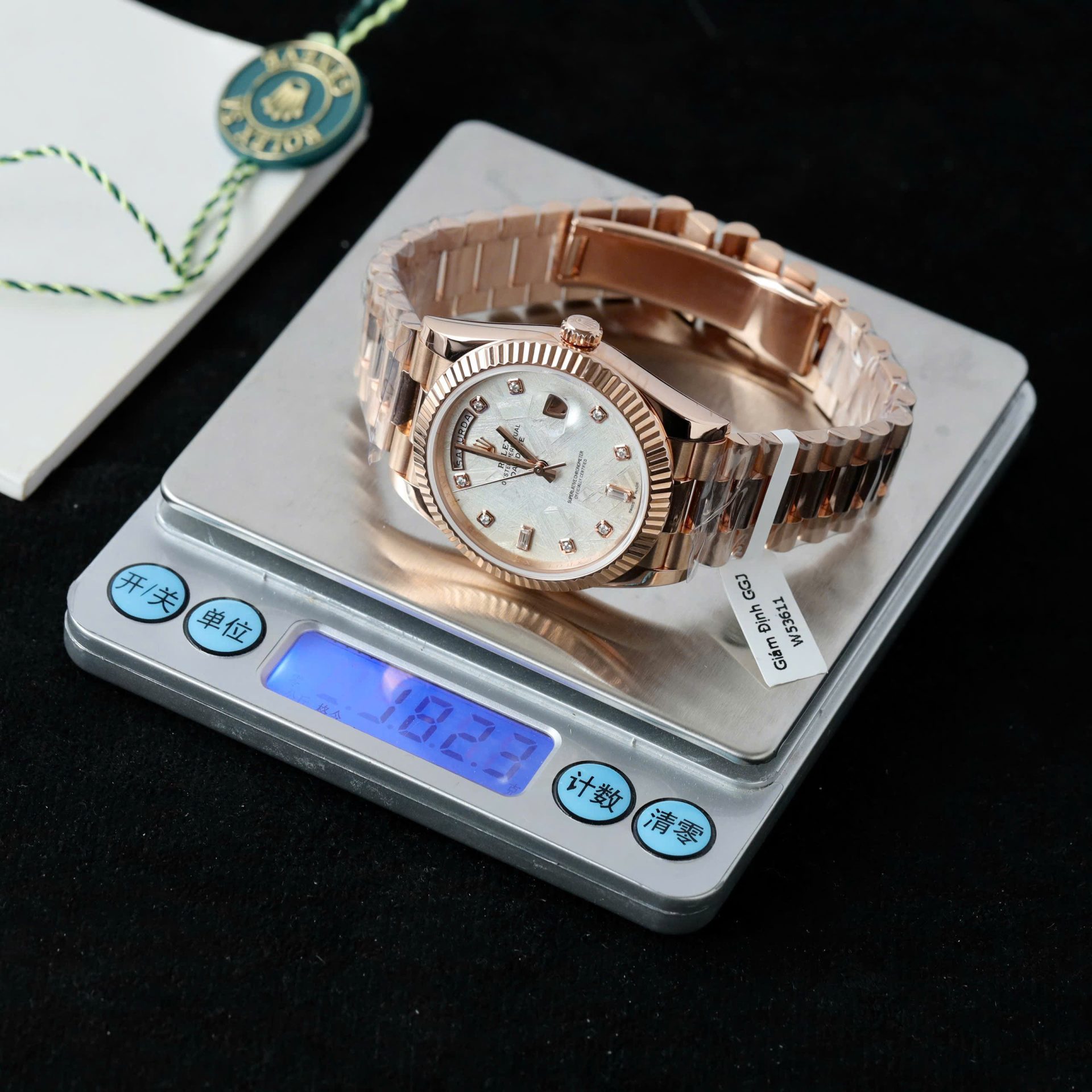 Rolex Day-Date Custom Rose Gold Wrapped + Dial Moissanite Diamonds 40mm - Elite Watch Atelier